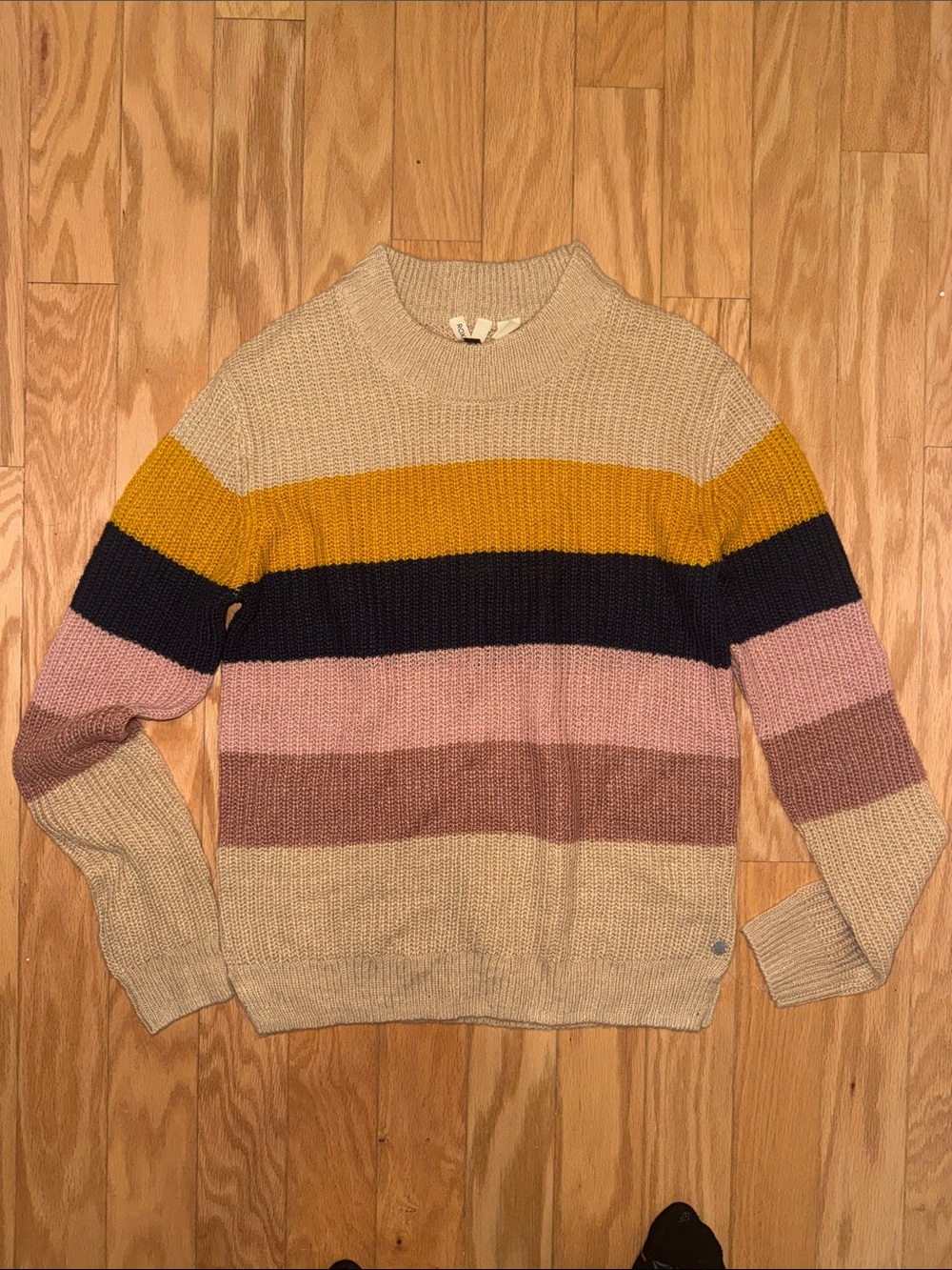 Roxy women’s Striped Crewneck Sweater in Beige, Mustard, Navy & Pink
